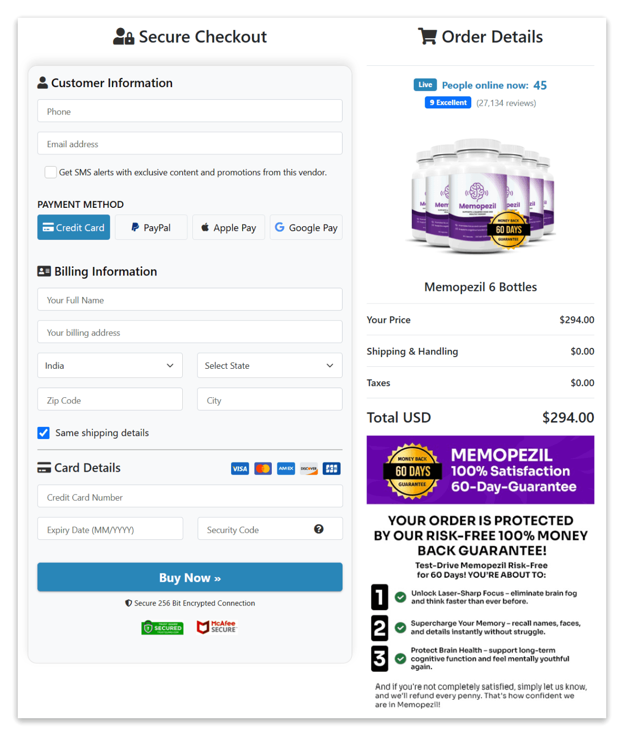 Memopezil Secure Checkout Page